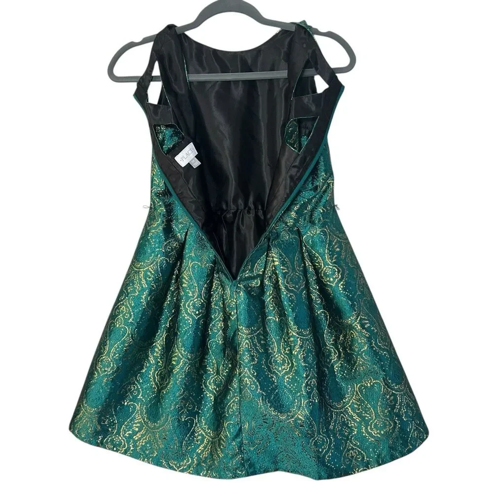 The Children’s Place Girls Dress Size 14 Teal Green Gold Brocade Party Holiday